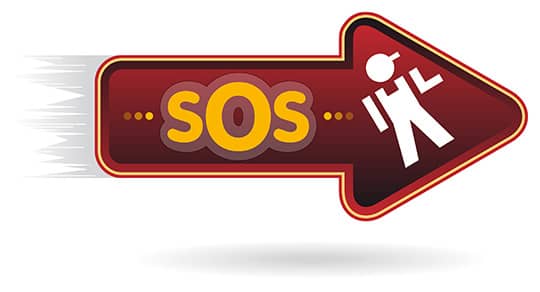 Un panneau fléché rouge avec les lettres « SOS » et un pictogramme blanc d'une personne agitant un bras